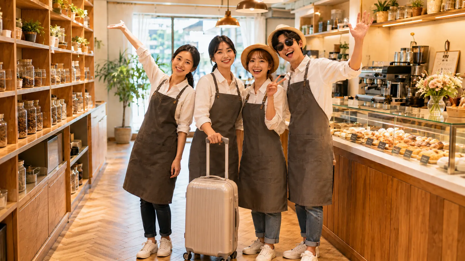 단체 휴가를 떠나는 카페 직원들이 캐리어를 들고 환하게 웃는 모습