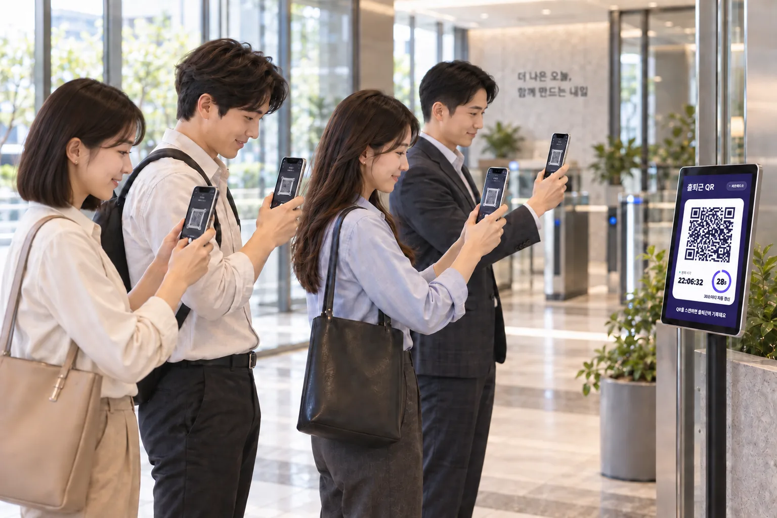 사옥 로비에 놓인 체크픽스 QR 키오스크에 직원들이 차례로 휴대폰을 대고 출근을 찍는 모습