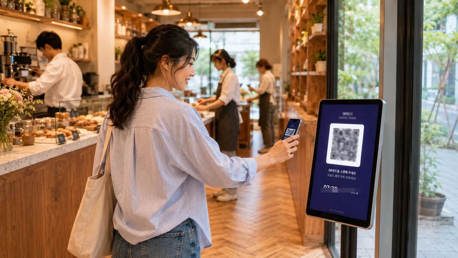 카페에 놓인 체크픽스 QR 출퇴근 태블릿으로 직원이 출근을 체크하는 모습